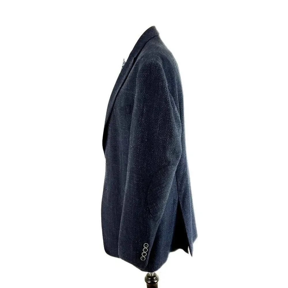 Joseph Abboud Comero Tweed Wool 2 Button Sport Coat 44R Blue Check Peak Lapel‎